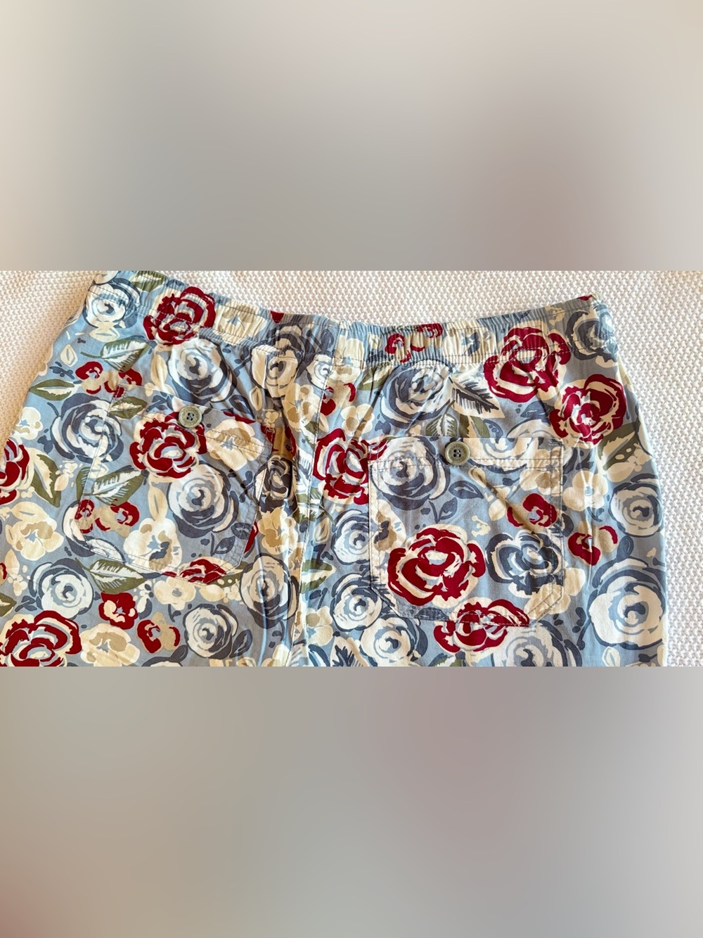 GV Elastic Waist Blue Floral Cropped Cargo Pants Lightweight Cotton Capris - Picture 9 of 14